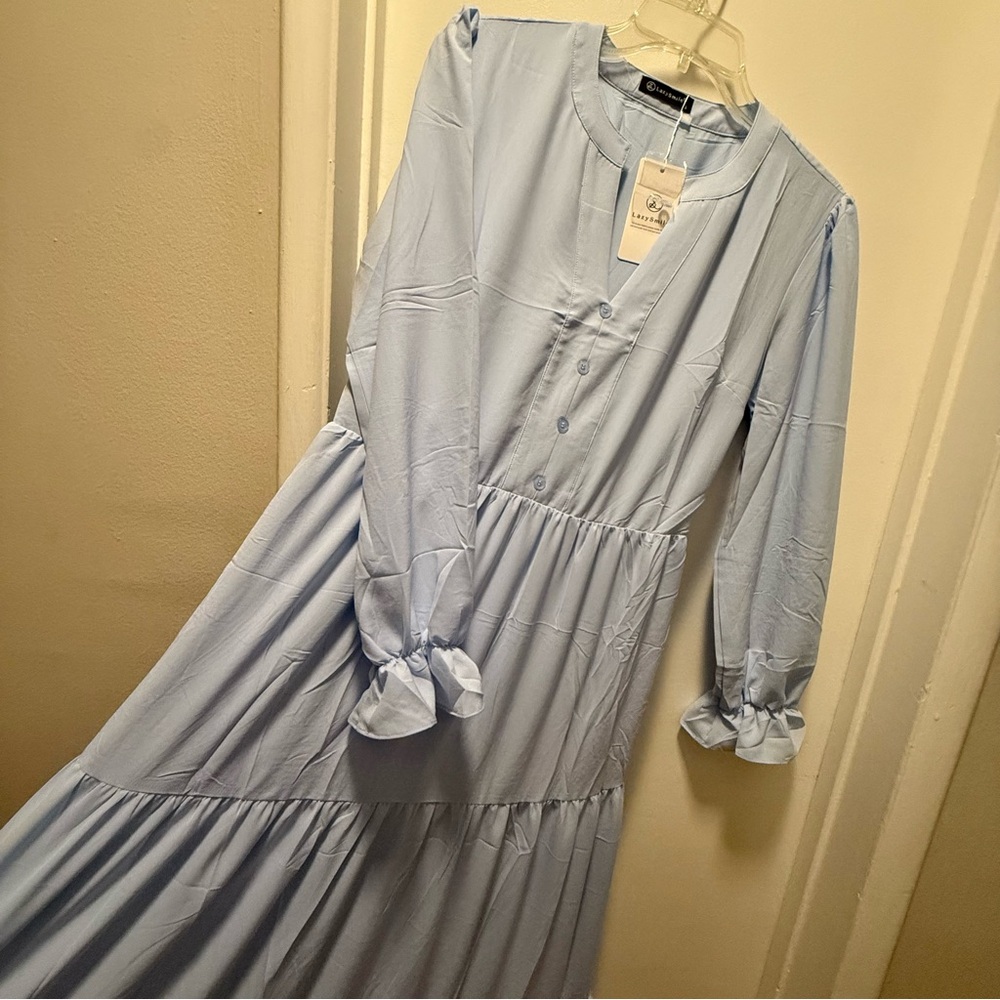 Long Sleeve A-Line Boho Maxi Dress with Pockets | Light Blue | Ladies Small
